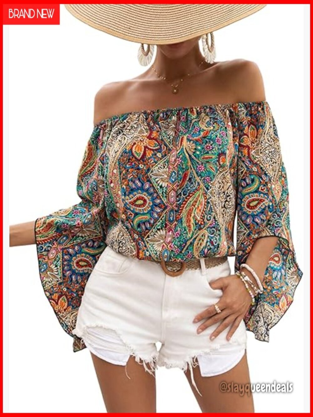 Off Shoulder Bell Sleeve Blouse, Polyester Summer Top, Casual Boho Style